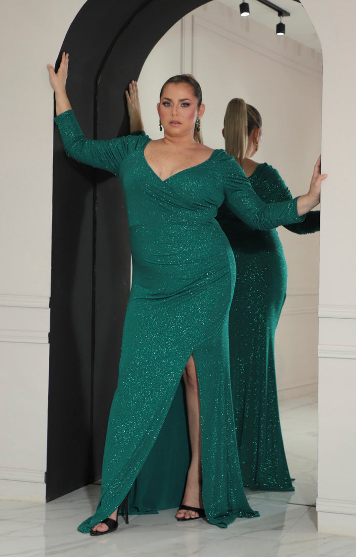 Vestido verde con manga larga y corrugado lateral - VESTIDO Boutiquemirel 