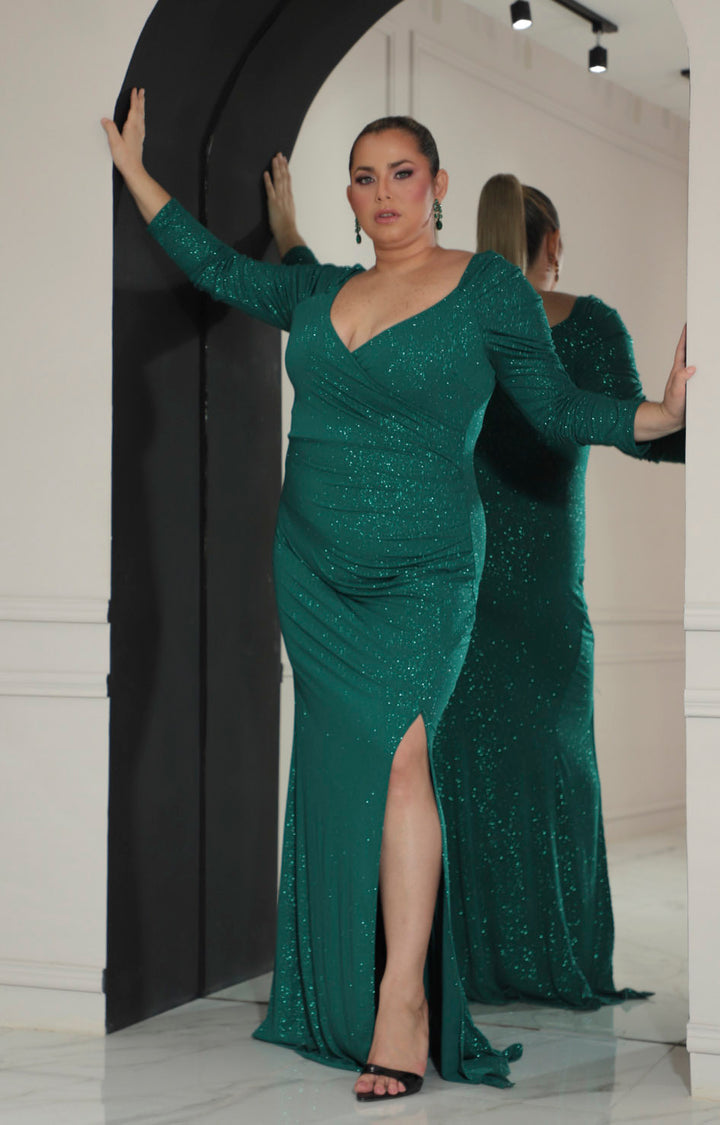 Vestido verde con manga larga y corrugado lateral - VESTIDO Boutiquemirel 