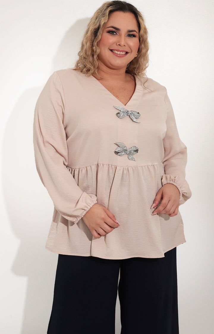 Blusa beige satinada con peplum - BLUSA Boutiquemirel 