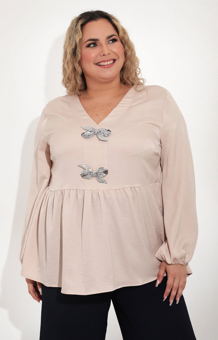 Blusa beige satinada con peplum - BLUSA Boutiquemirel 
