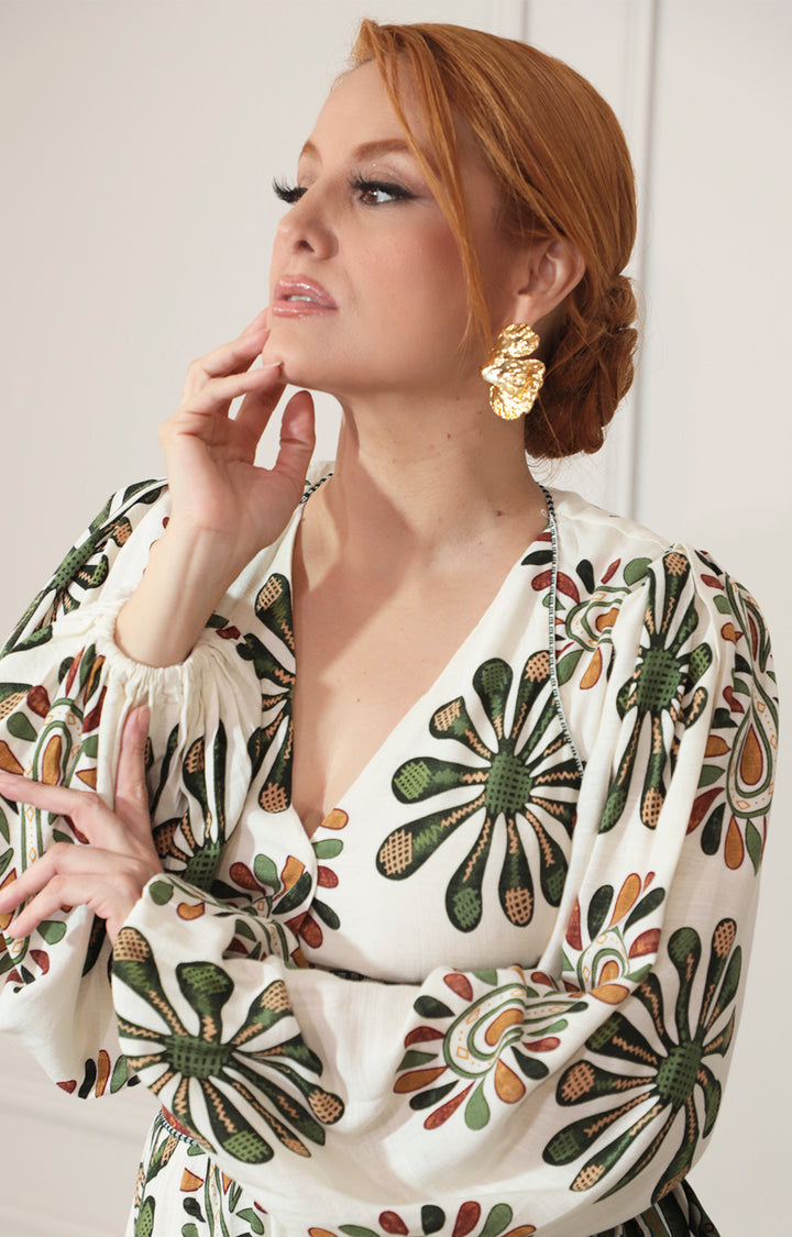 Vestido estampado con manga larga y lazo frontal - VESTIDO Boutiquemirel 