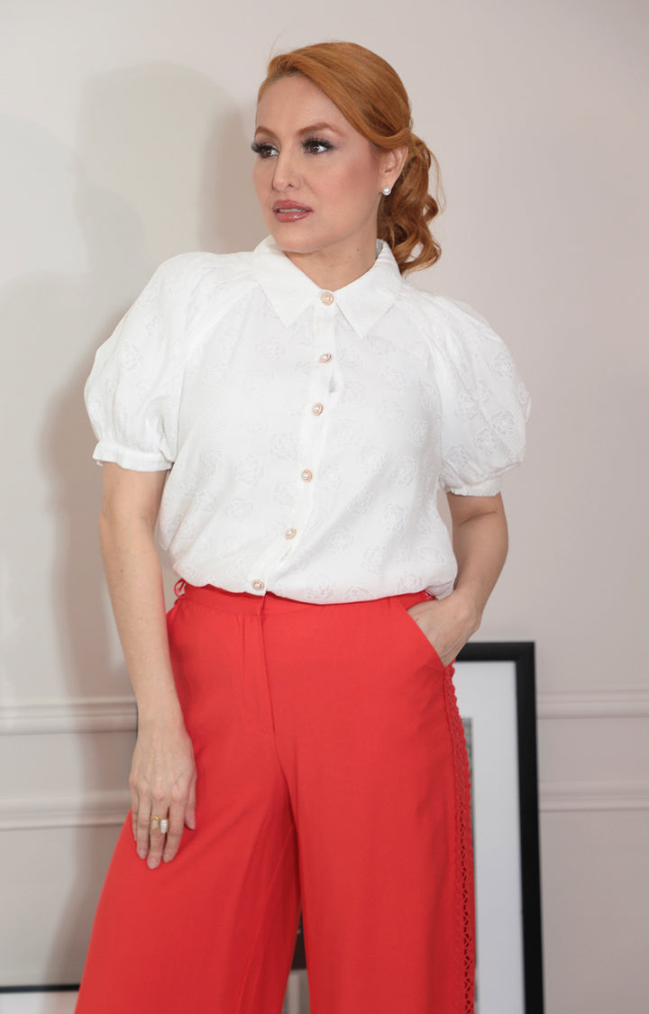 Blusa blanca con botones y manga globo - BLUSA Boutiquemirel 