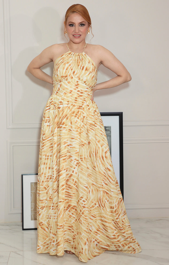 vestido amarillo estampado cuello halter - VESTIDO Boutiquemirel 