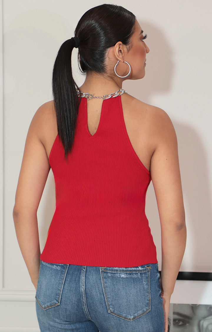 Blusa roja cuello halter con eslabones de brillos
