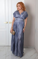 Vestido largo azul  con escote V y drapeado