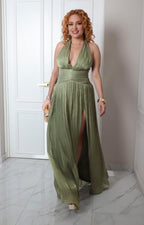 Vestido largo halter con fruncidos