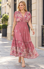 Vestido rosa floral con escote en V
