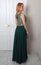 Vestido largo con aplicaciones doradas