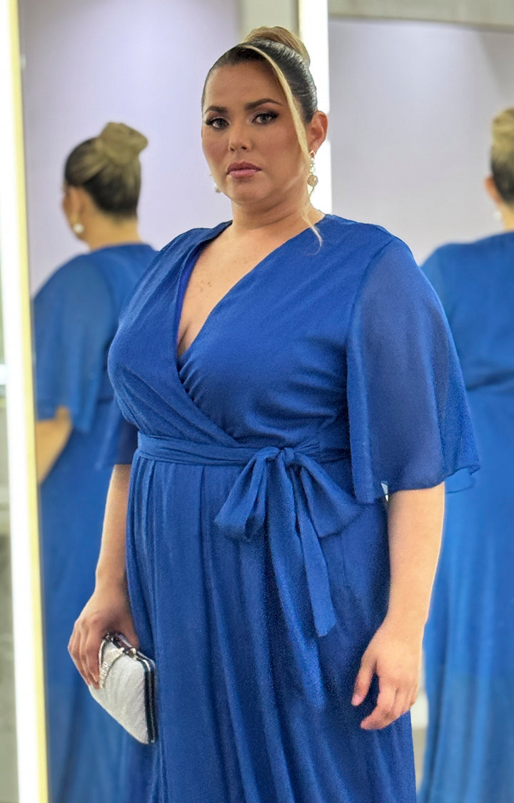 Vestido azul royal con detalles en plata