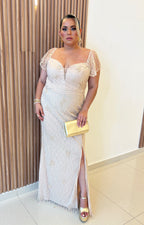 Vestido beige con bordado y brillos de manga volante - VESTIDO Boutiquemirel 