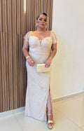 Vestido beige con bordado y brillos de manga volante - VESTIDO Boutiquemirel 