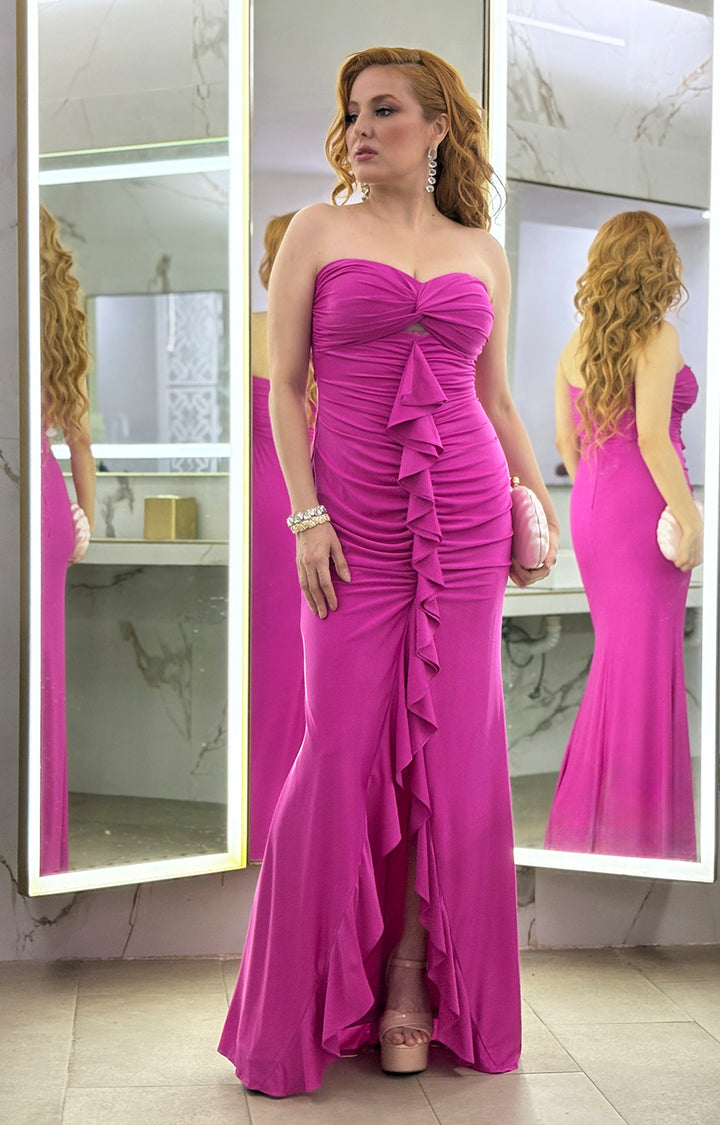 Vestido fucsia straple con fruncido y volantes - VESTIDO Boutiquemirel 