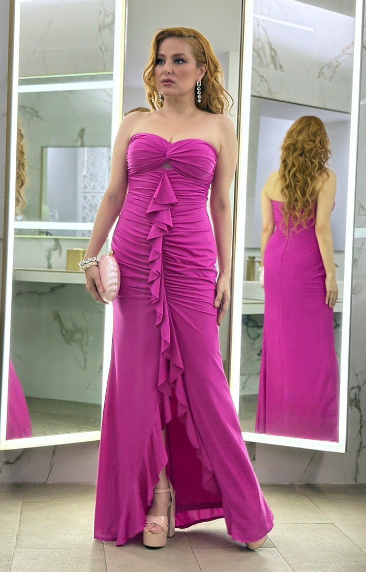 Vestido fucsia straple con fruncido y volantes - VESTIDO Boutiquemirel 