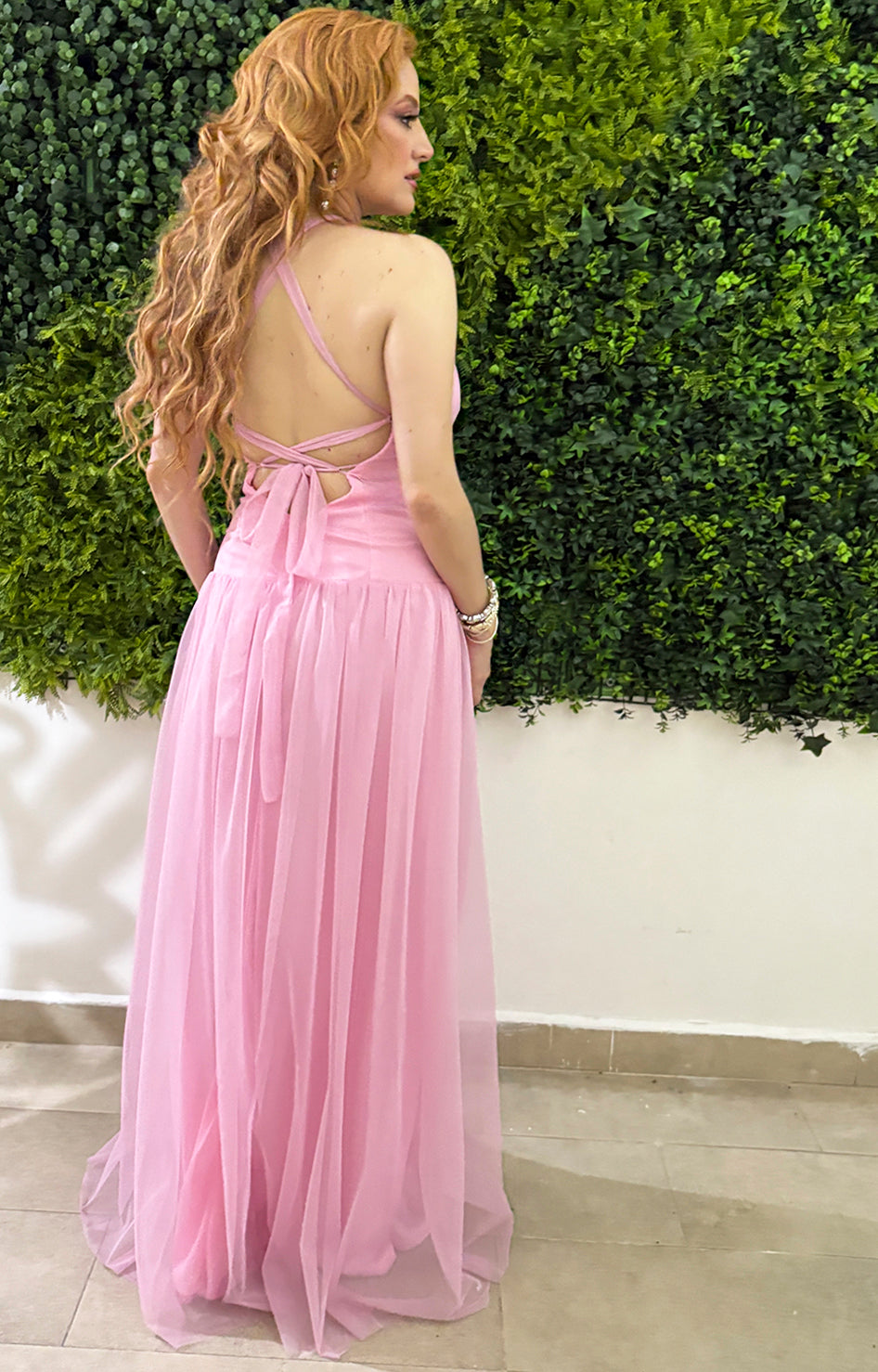 Vestido rosa de gasa con tirantes y fruncido - VESTIDO Boutiquemirel 