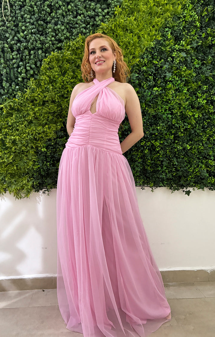 Vestido rosa de gasa con tirantes y fruncido - VESTIDO Boutiquemirel 