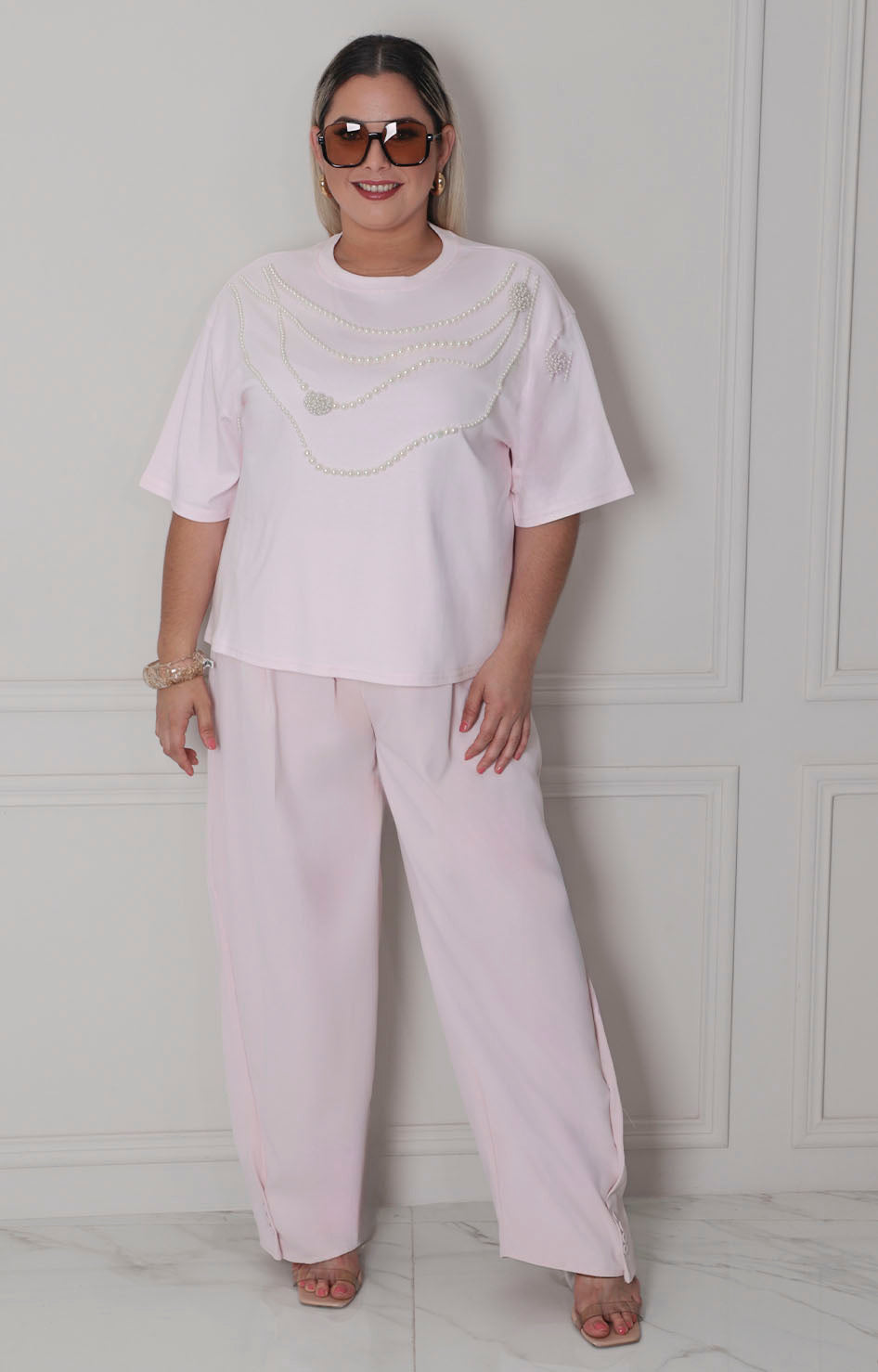 Blusa rosa con perlas - BLUSAS CURVY Boutiquemirel 