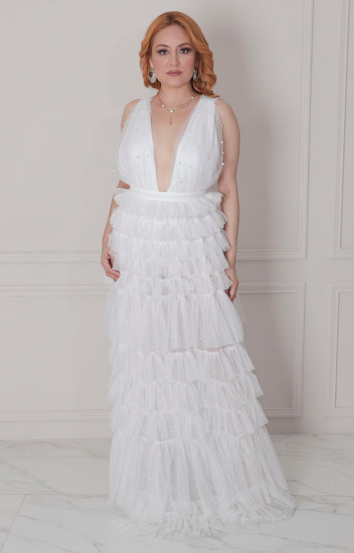 Vestido blanco con volantes y perlas - VESTIDO LARGO REGULAR Boutiquemirel 