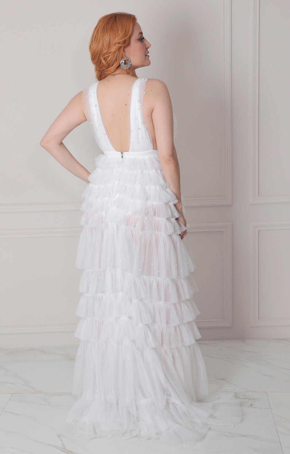 Vestido blanco con volantes y perlas - VESTIDO LARGO REGULAR Boutiquemirel 
