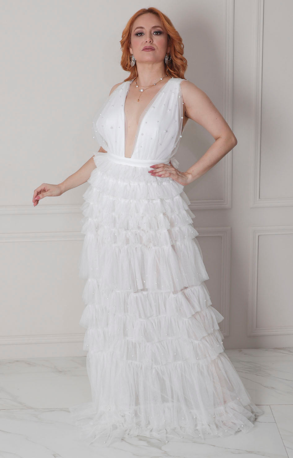 Vestido blanco con volantes y perlas - VESTIDO LARGO REGULAR Boutiquemirel 