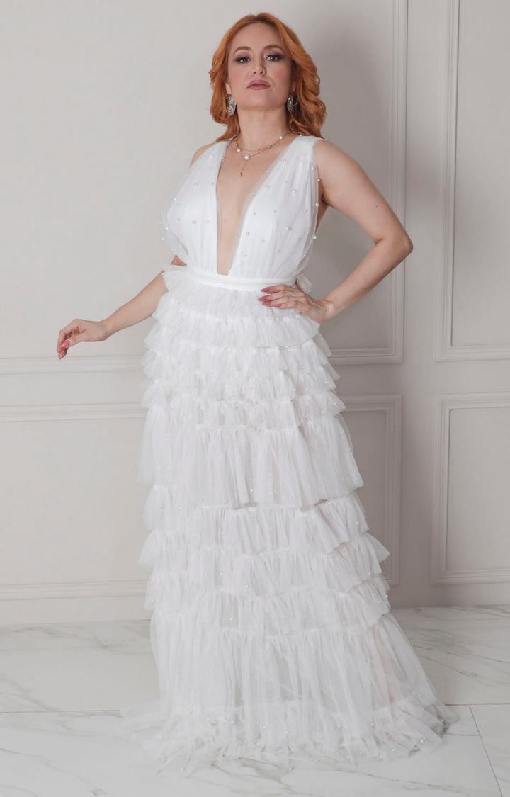 Vestido blanco con volantes y perlas - VESTIDO LARGO REGULAR Boutiquemirel 