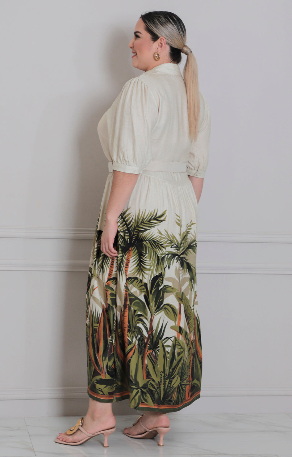 Vestido beige estampado con cinturòn - VESTIDO LARGO CURVY Boutiquemirel 