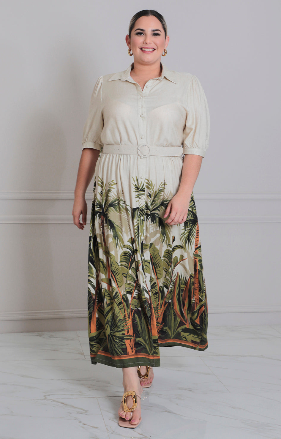 Vestido beige estampado con cinturòn - VESTIDO LARGO CURVY Boutiquemirel 