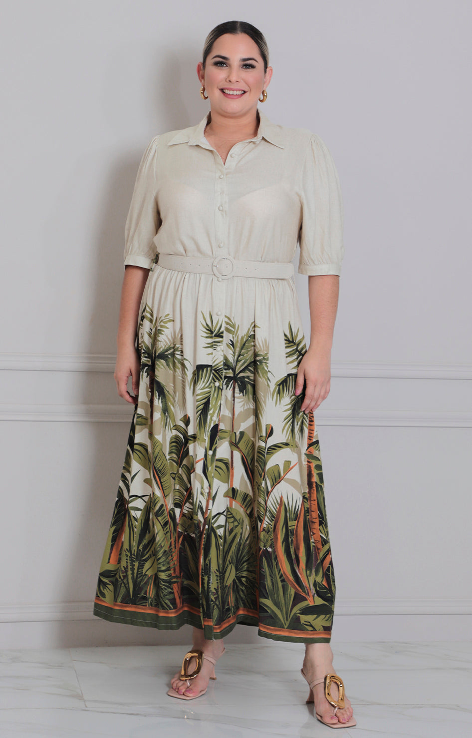 Vestido beige estampado con cinturòn - VESTIDO LARGO CURVY Boutiquemirel 
