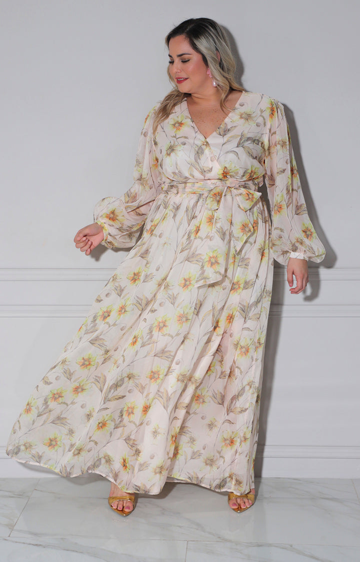 Vestido beige estampado - VESTIDO LARGO CURVY Boutiquemirel 