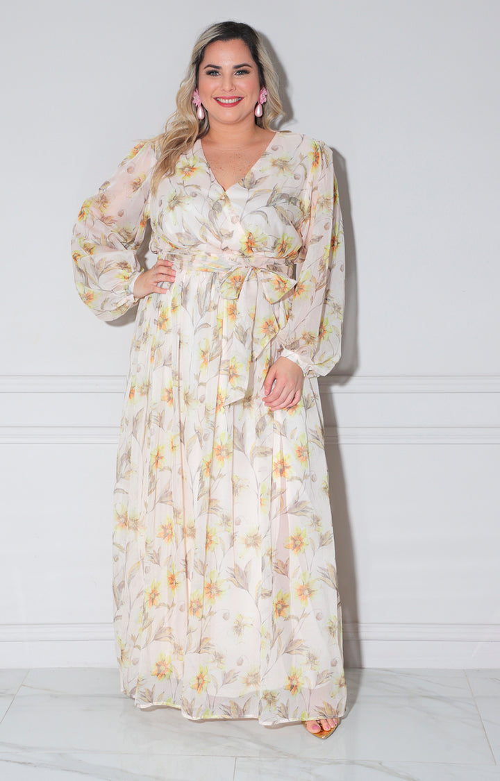 Vestido beige estampado - VESTIDO LARGO CURVY Boutiquemirel 