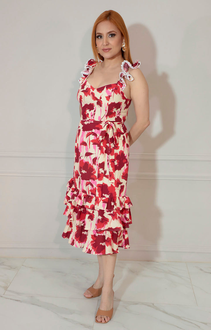 Vestido estampado de tirantes con lazo y volantes inferior - VESTIDO Boutiquemirel 