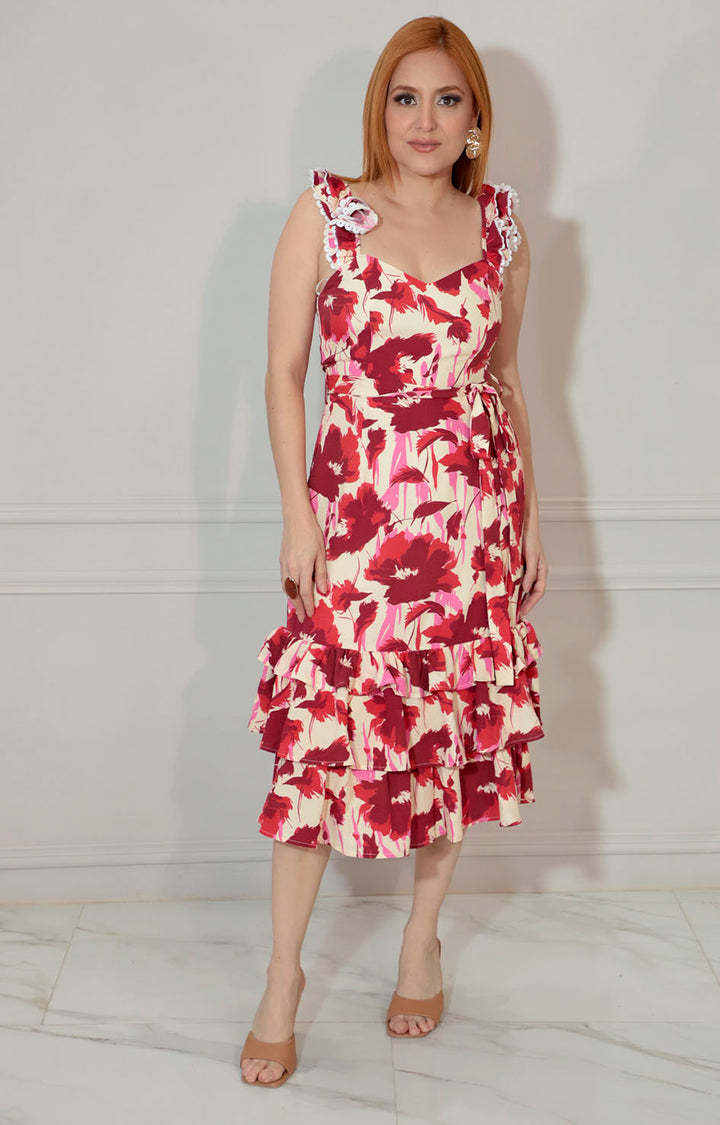 Vestido estampado de tirantes con lazo y volantes inferior - VESTIDO Boutiquemirel 