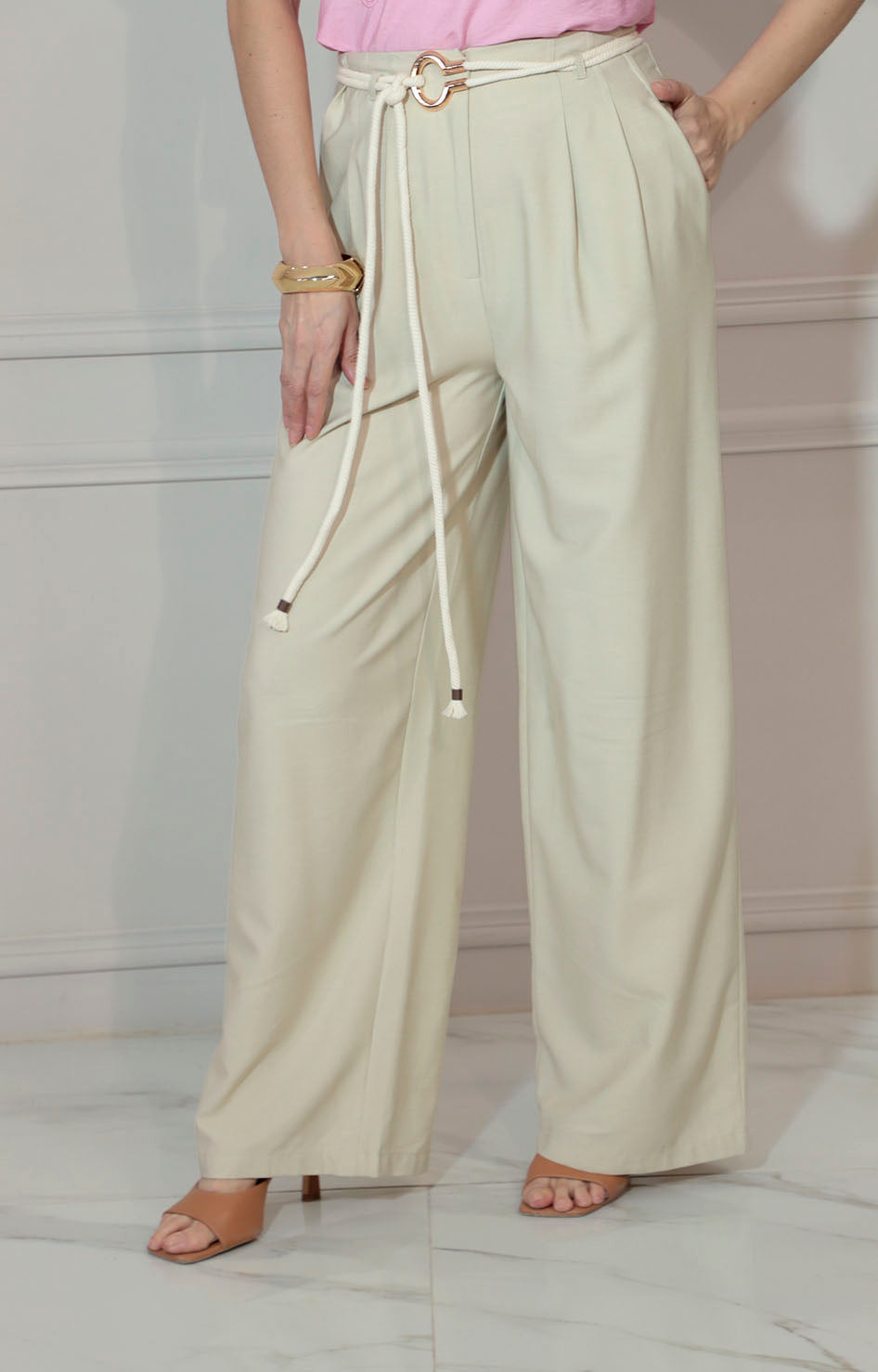 Pantalón beige recto con lazo - PANTALON Boutiquemirel 