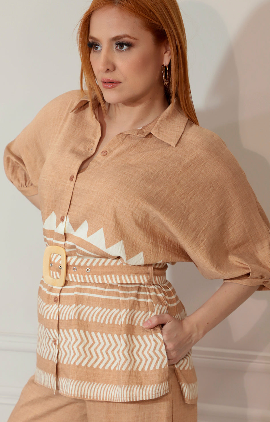 Conjunto beige obscuro estampado con cinturón - CONJUNTO Boutiquemirel 