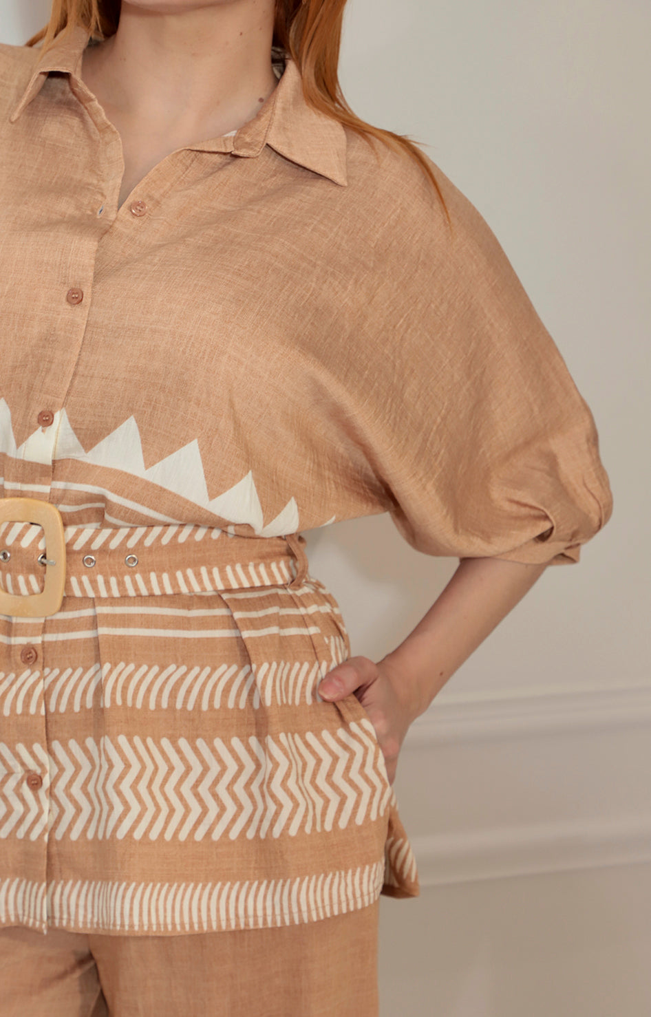 Conjunto beige obscuro estampado con cinturón - CONJUNTO Boutiquemirel 