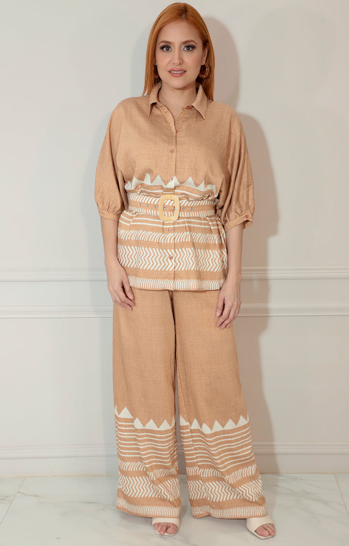 Conjunto beige obscuro estampado con cinturón - CONJUNTO Boutiquemirel 