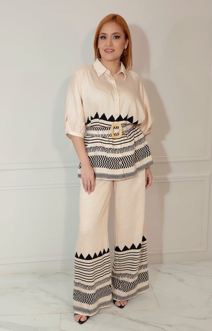 Conjunto beige claro estampado con cinturón - CONJUNTO Boutiquemirel 