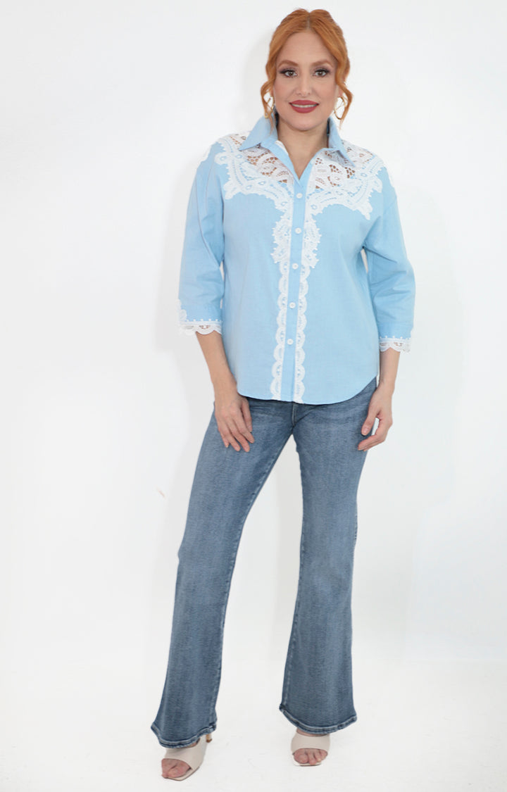 Blusa azul de botones con bordado - BLUSA Boutiquemirel 