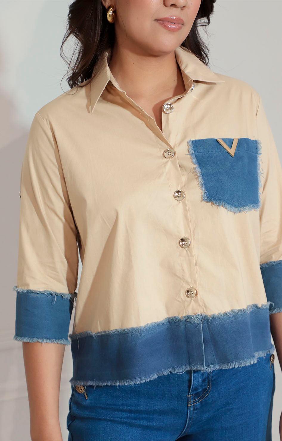 Blusa biege con denim - BLUSA Boutiquemirel 