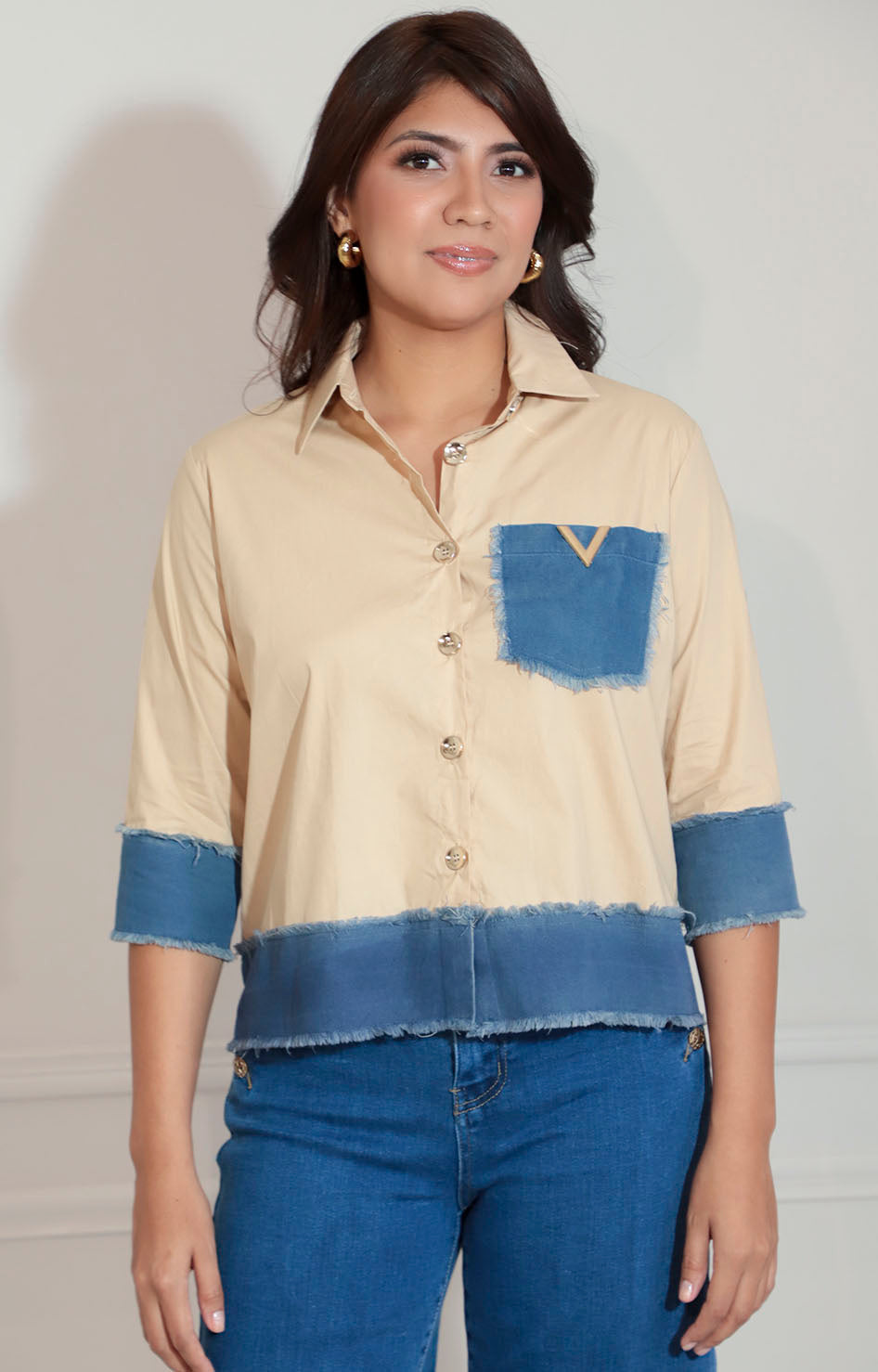 Blusa biege con denim - BLUSA Boutiquemirel 