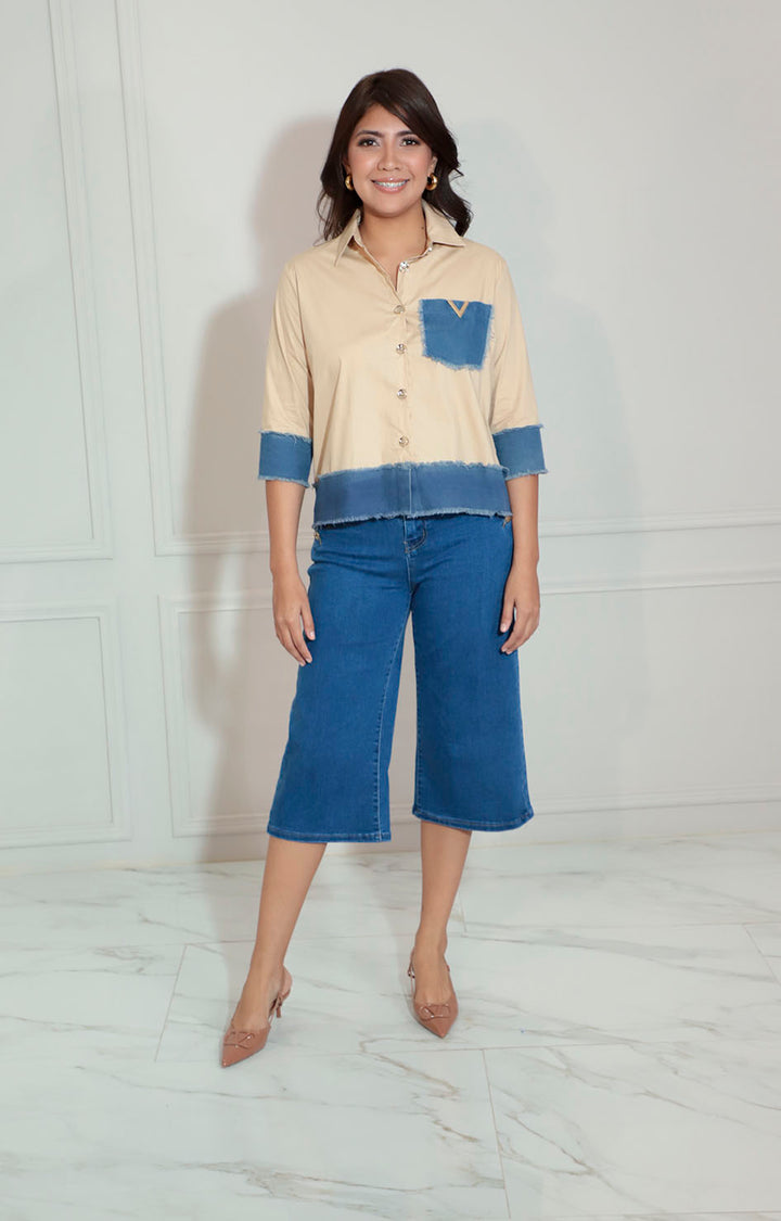 Blusa biege con denim - BLUSA Boutiquemirel 
