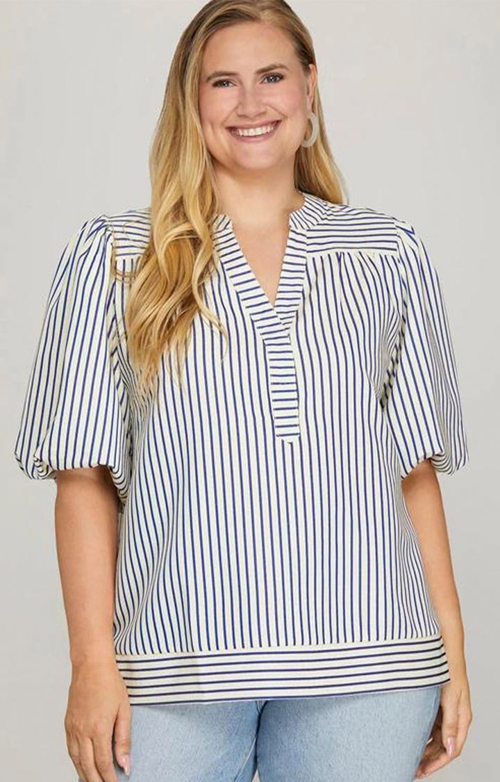 Blusa azul a rayas verticales - BLUSA CURVY Boutiquemirel 