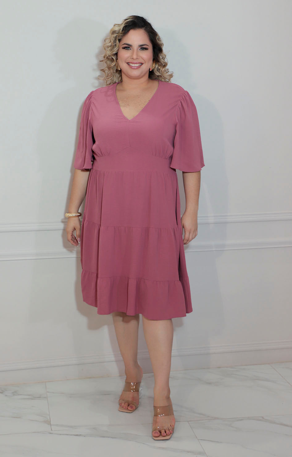 Vestido rosa con manga volante y cierre - VESTIDO XL Boutiquemirel 