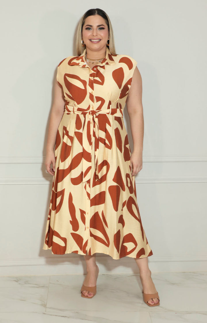 Vestido café estampado de botones con lazo - VESTIDO XL Boutiquemirel 