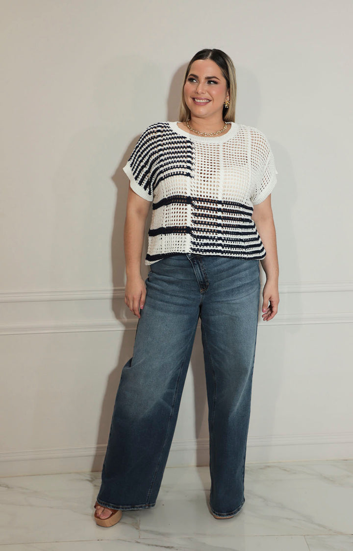 Blusa beige con azul tejida con mangas - BLUSA XL Boutiquemirel 