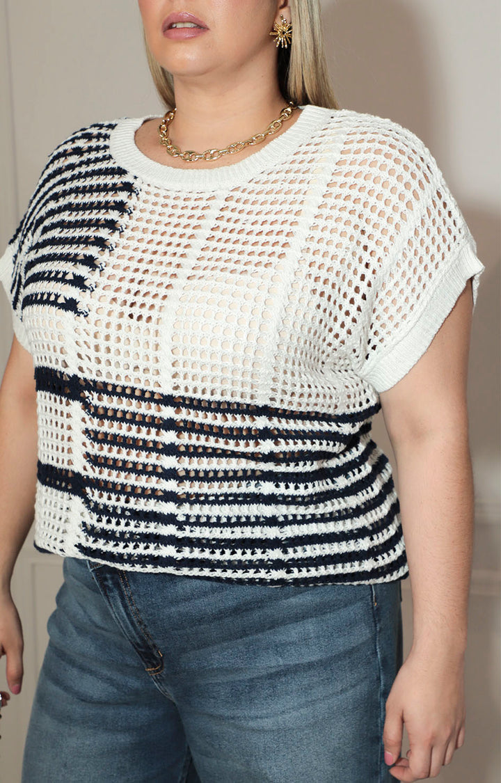 Blusa beige con azul tejida con mangas - BLUSA XL Boutiquemirel 