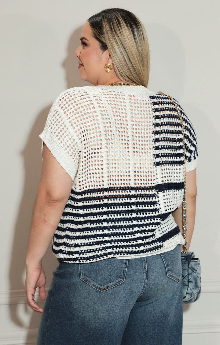 Blusa beige con azul tejida con mangas - BLUSA XL Boutiquemirel 