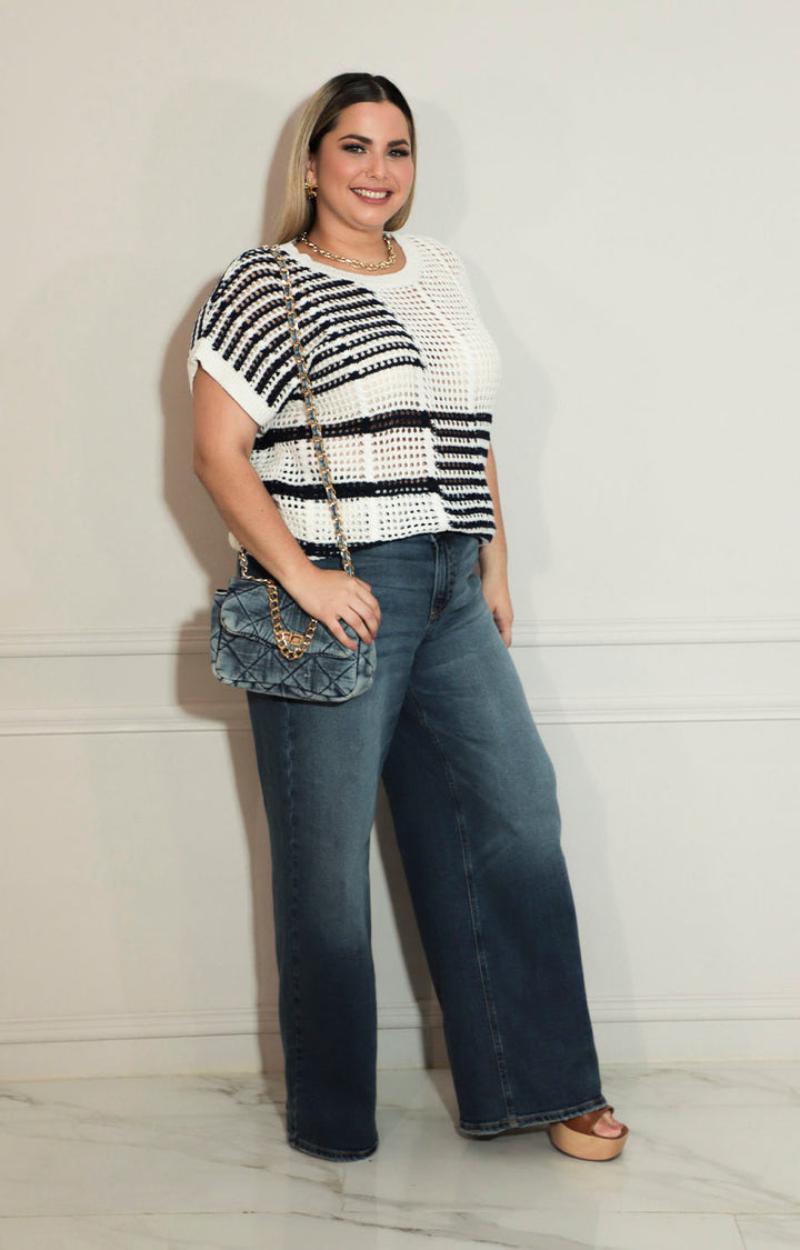 Blusa beige con azul tejida con mangas - BLUSA XL Boutiquemirel 