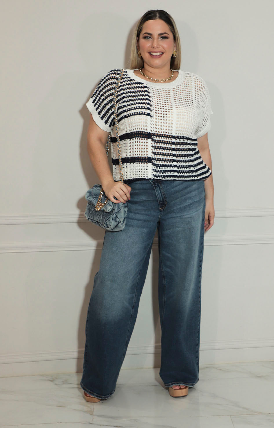 Blusa beige con azul tejida con mangas - BLUSA XL Boutiquemirel 