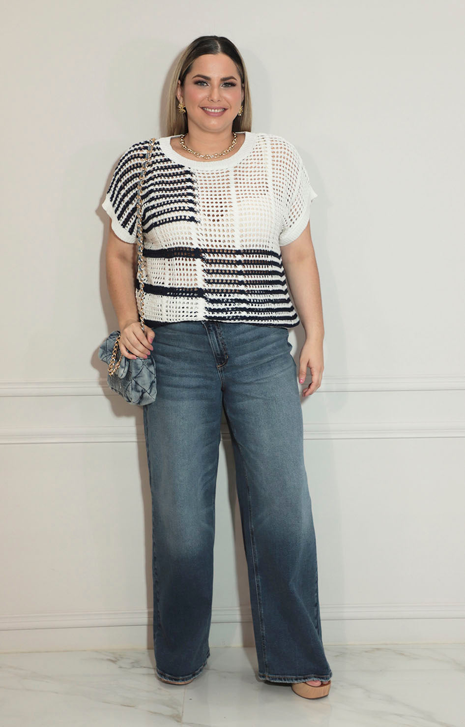 Blusa beige con azul tejida con mangas - BLUSA XL Boutiquemirel 