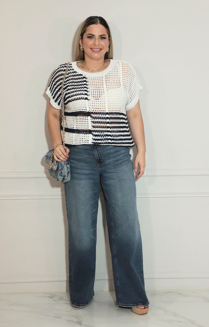 Blusa beige con azul tejida con mangas - BLUSA XL Boutiquemirel 